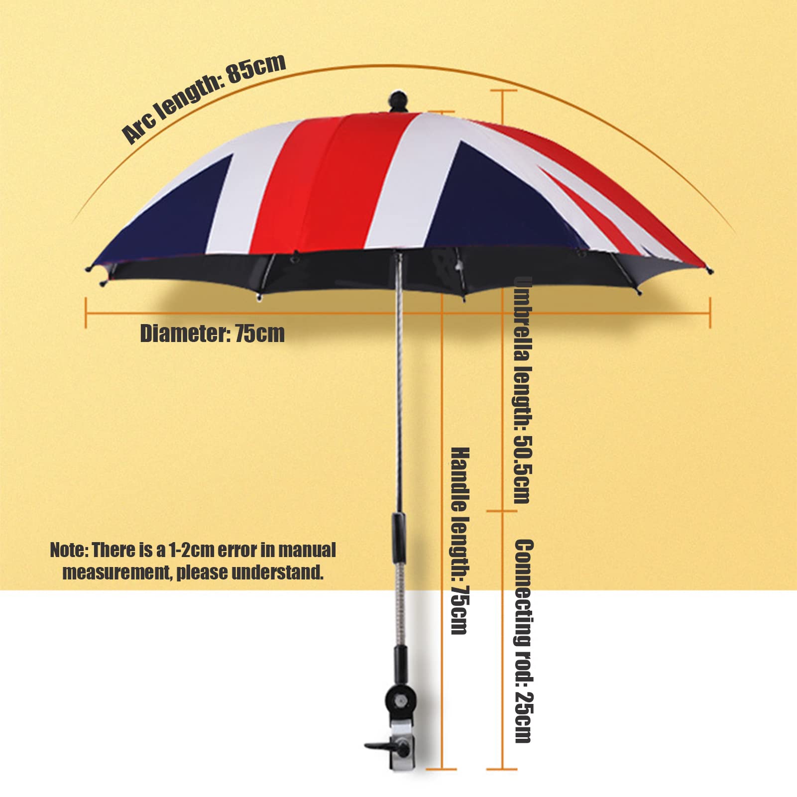 Ombrellone universale per carrozzina, parasole per passeggino, passeggino e passeggino, con manico per ombrello e morsetto di fissaggio regolabile, diametro 75 cm (colore bianco)
