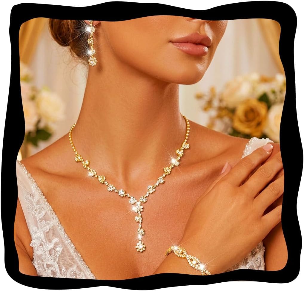 Aukmla Rhinestone Wedding Prom Jewelry Sets Silver Diamond Necklaces and Earring Bracelet Set for Brides and Women