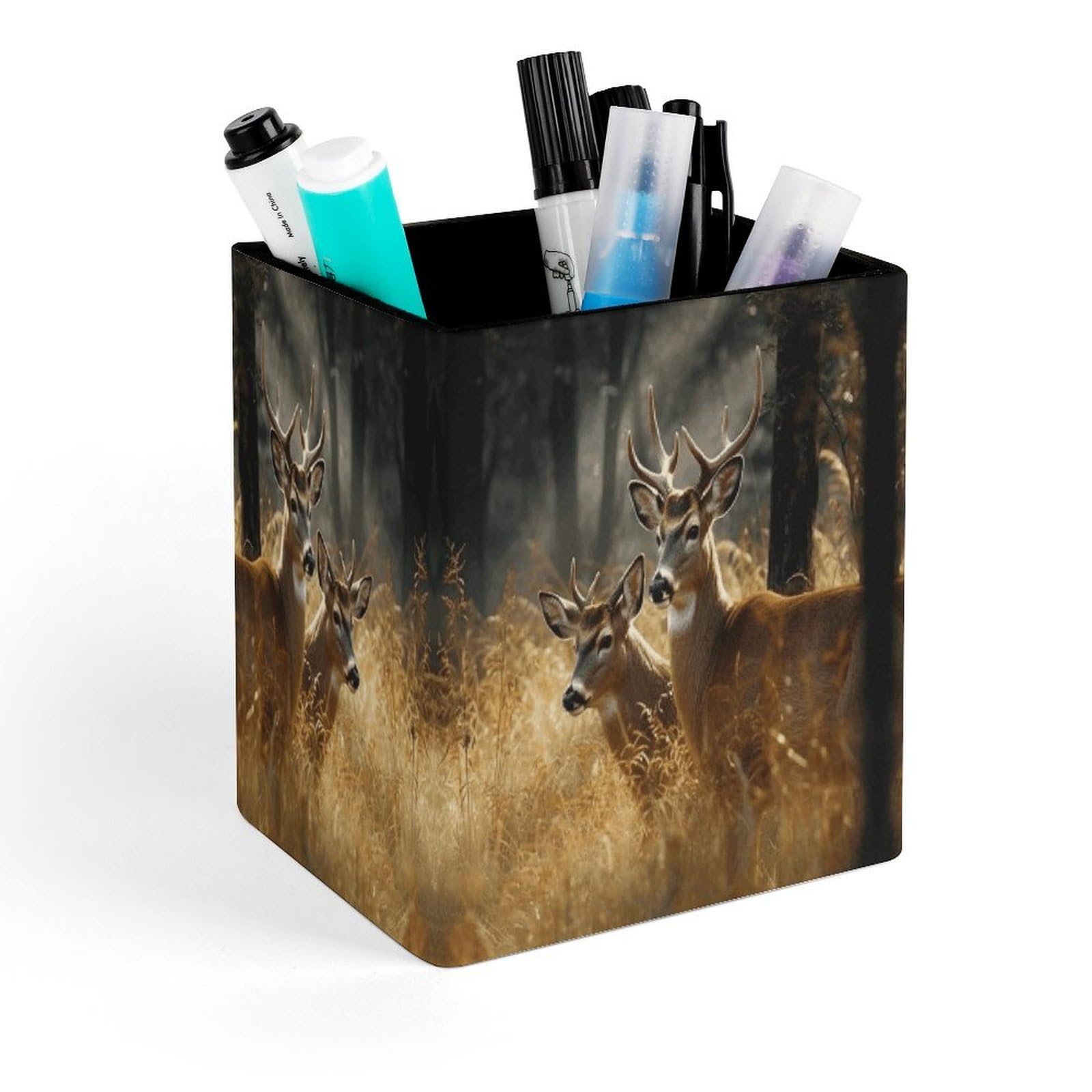 VstaDank Nature Wild Animal Deers Pen Holder Square Pencil Holder Leather Pencil Cup Pen Organizer Makeup Brush Holders Pen Cups Desktop Stationery Organizer for Home Office Desk Organizers