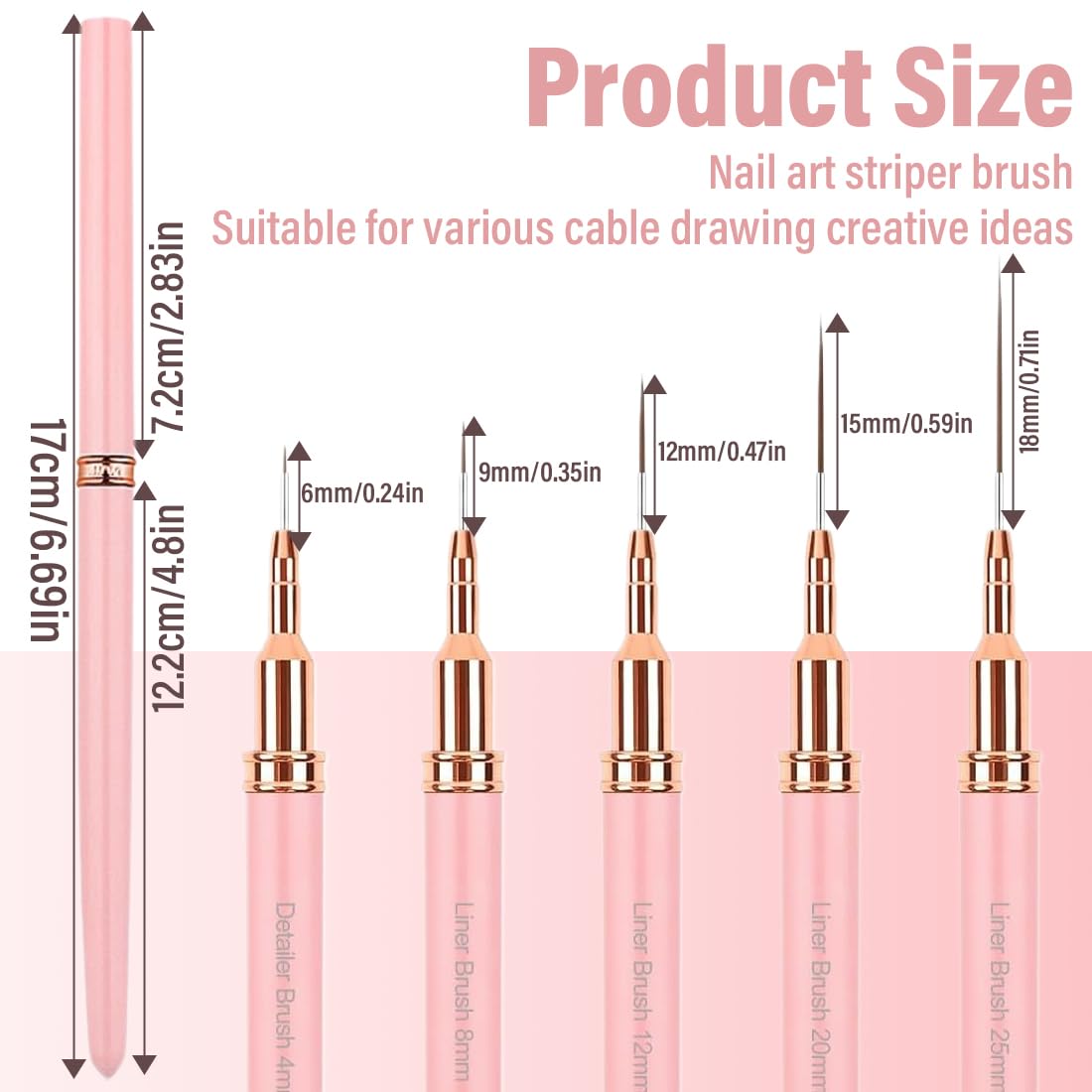 YAYNO Set Pennelli per Nail Art 5 Pezzi Pennelli dimensioni 6/9/12/15/18 mm Disegnare Linee Fini Attrezzo per Unghie Pennelli Liner di Precisione per disegnare e punteggiare le unghie