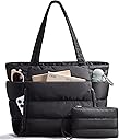 Puffer Tote Bag for Women, Lightweight Puffy Work Handbag Teacher Nurse Quilted Shoulder Bag for School Travel Gym | Cloud Bag w/ Zipper, Daily College Bags, 15.6" Computer Bag, Clinical Nursing Bag, 40 OZ Tumbler Holder, Ideal Gift for Women