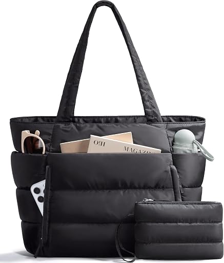 Bagstellar Puffer Tote Bag for Women, Lightweight Puffy Work Handbag Teacher Nurse Quilted Shoulder Bag for School Travel Gym | Cloud Bag w/ Zipper
