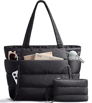 Puffer Tote Bag for Women Lightweight Puffy Work Handbag Teacher Nurse Quilted Shoulder Bag for School Travel Gym