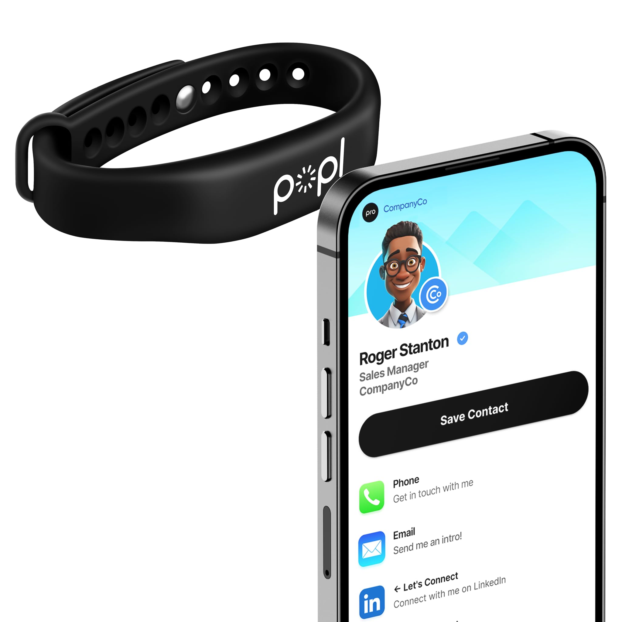 Popl Sport Band - Digital Business Card Bracelet Wearable - Tap to Share NFC & QR Code - iPhone & Android (Black Sport Style)
