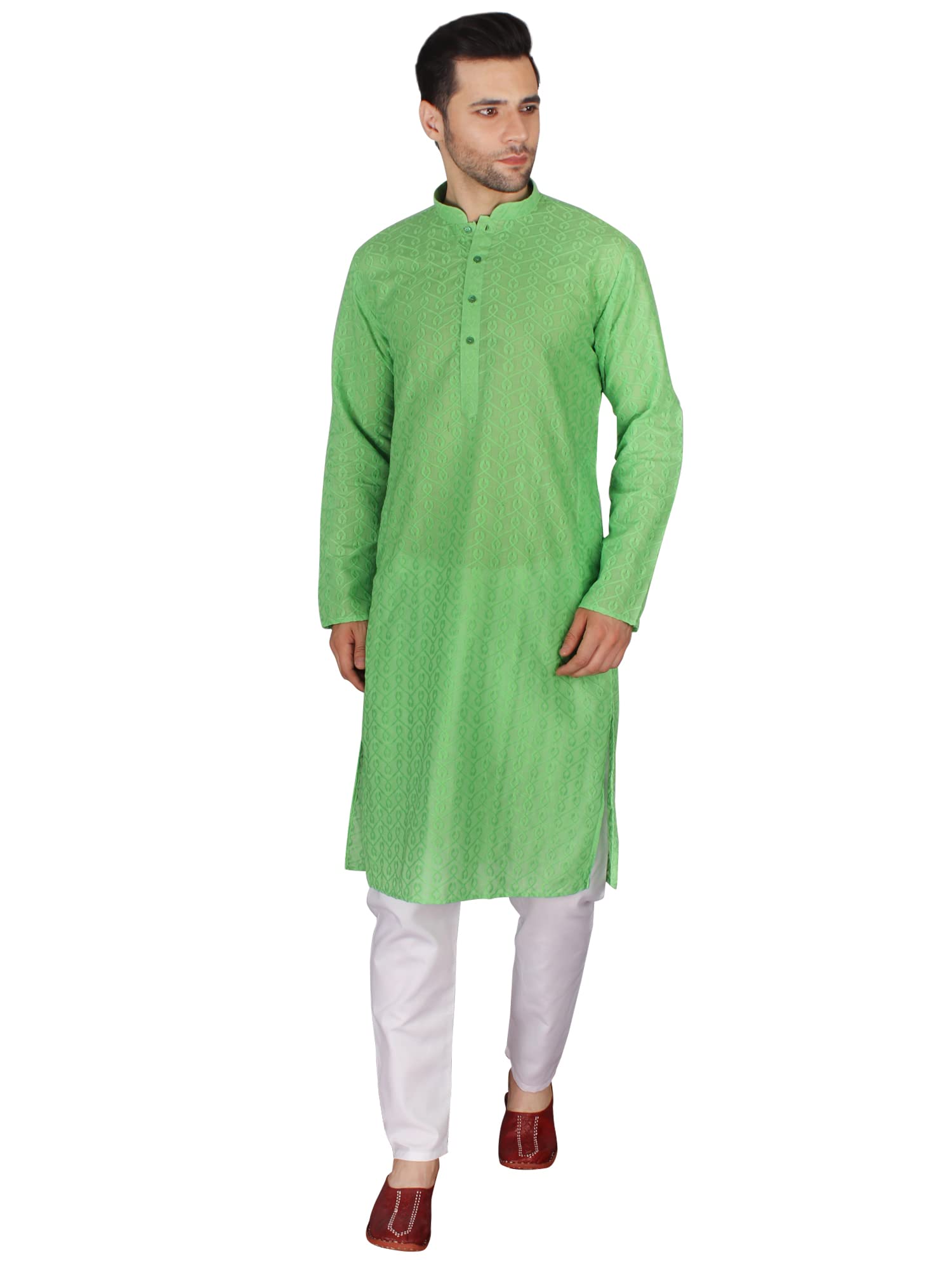 exotic india Summer-Green Chikankari Cotton Kurta Pajama Set-picture-43