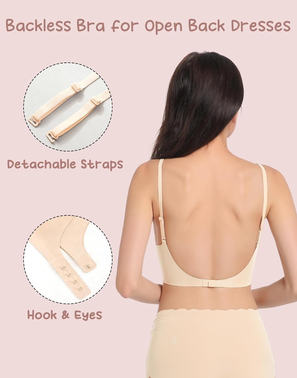 Low Back Bra Seamless Multiway Bralette - Scoop Neck Backless Bras for Women Padded Spaghetti Thin Strap Wireless Bra