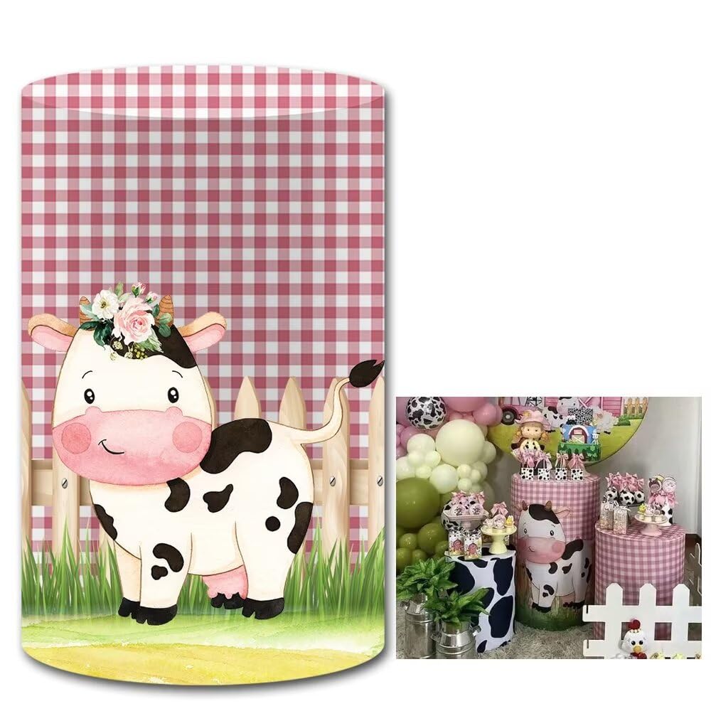 KONPON Farm Red Plaid Cylinder Plinth Covers for Picnic Blanke Party Decoration Cute Cow Pedestal Fabric Cover Birthday Baby Shower Parties Supplies