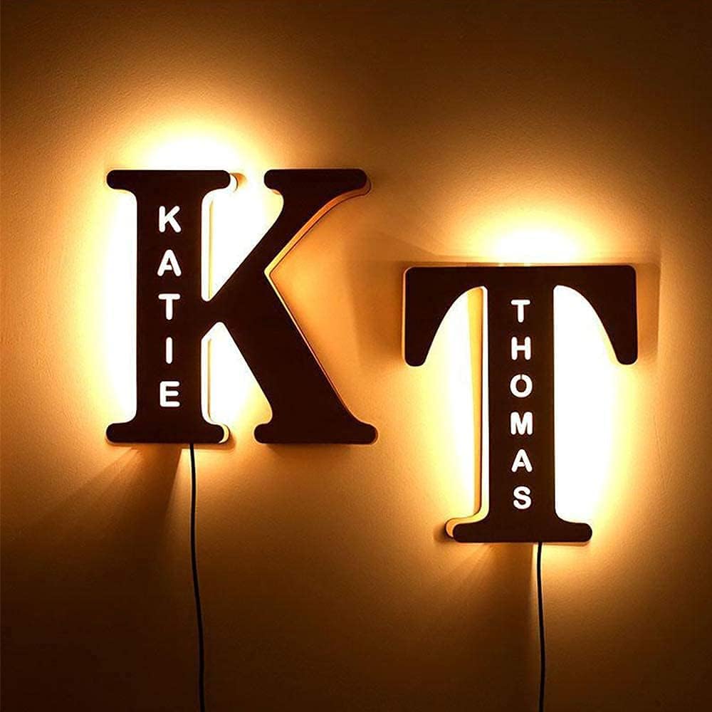 Personalized LED Night Light Initial Letter Custom Wooden Engraved Name Wall for Family Friends Alphabet Bedroom Wedding Christmas Halloween and Thanksgiving