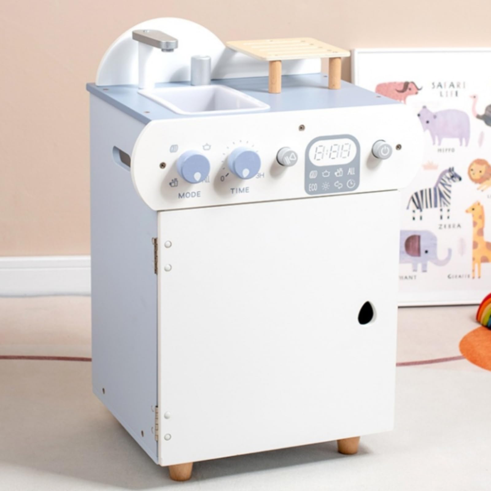 Cucina Giocattolo in Legno Lavastoviglie per Bambini Set Cucina Accessori Completi Pentola Tazze Piatti Posate con Manopole Rotanti Display Stampato
