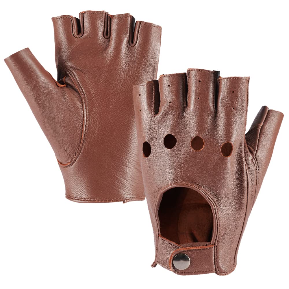 MGGMOKAY Mens Fingerless Leather Driving Gloves Half Finger Motorcycle Sheepskin Unlined Gloves Punk
