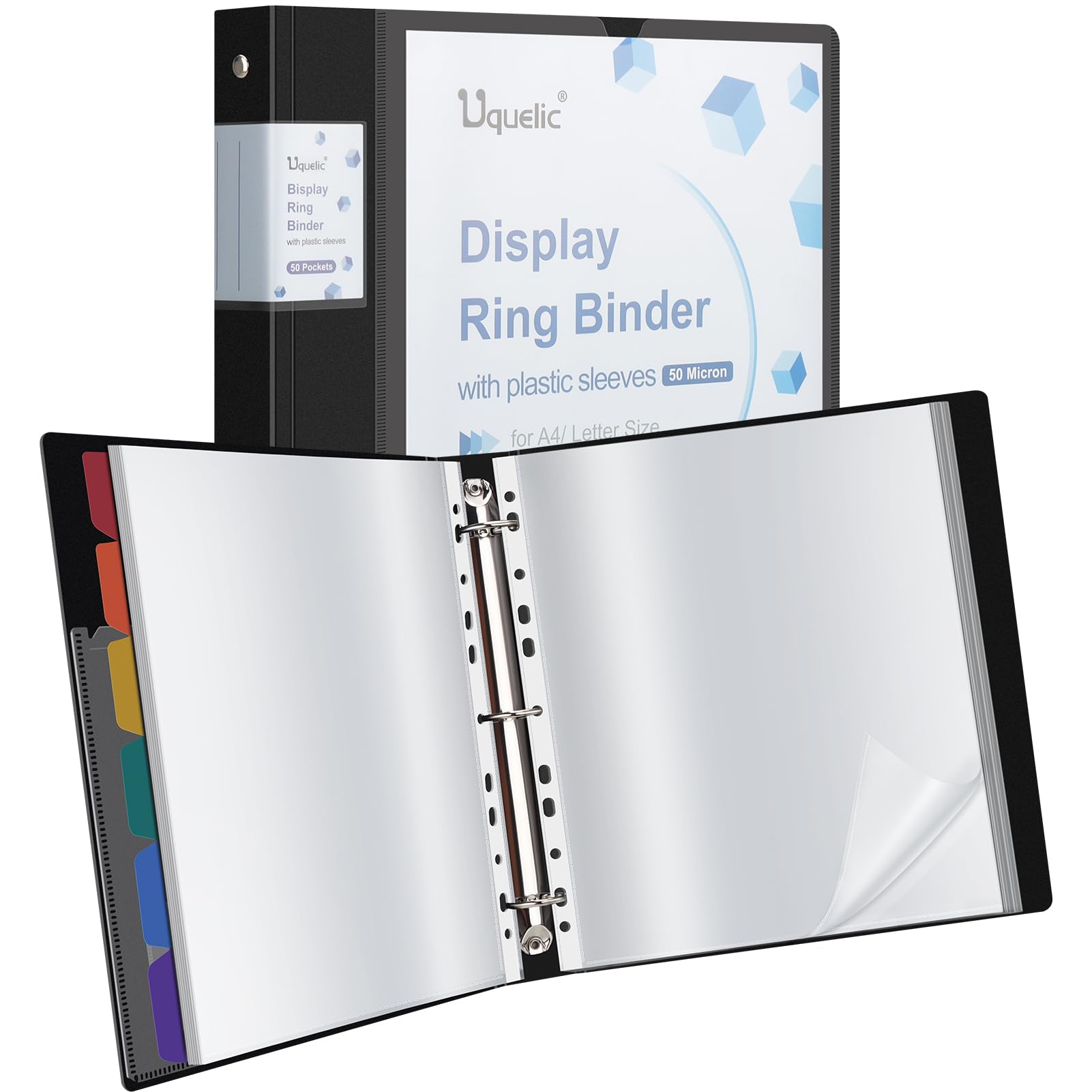Uquelic Presentation Ring Binder, A4 Display Folder with 50 Punched Pockets and 6 Colorful PP Divider Pages, Folder File Plastic Sleeves for Documents, Certificates, Personalise The Front Cover