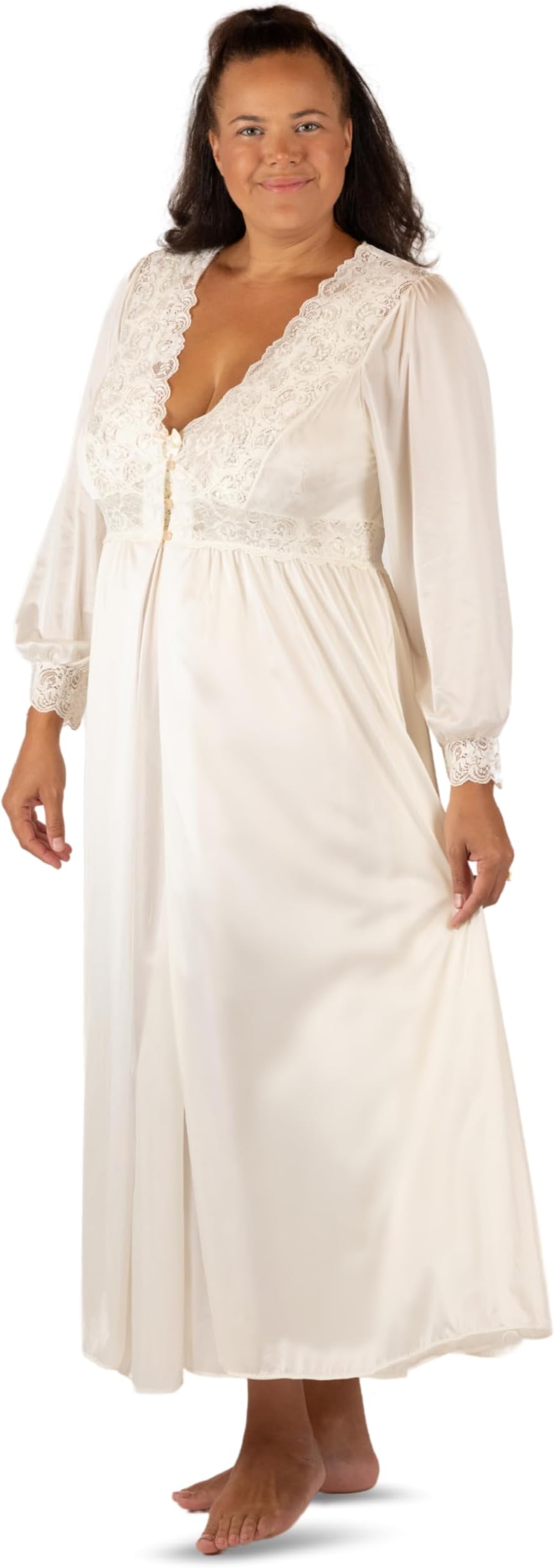 Women's Long Flowy Figure Flattering Button Down Robe- Silky Floral Stretch Lace Bodice Lingerie Elegant Sleepwear