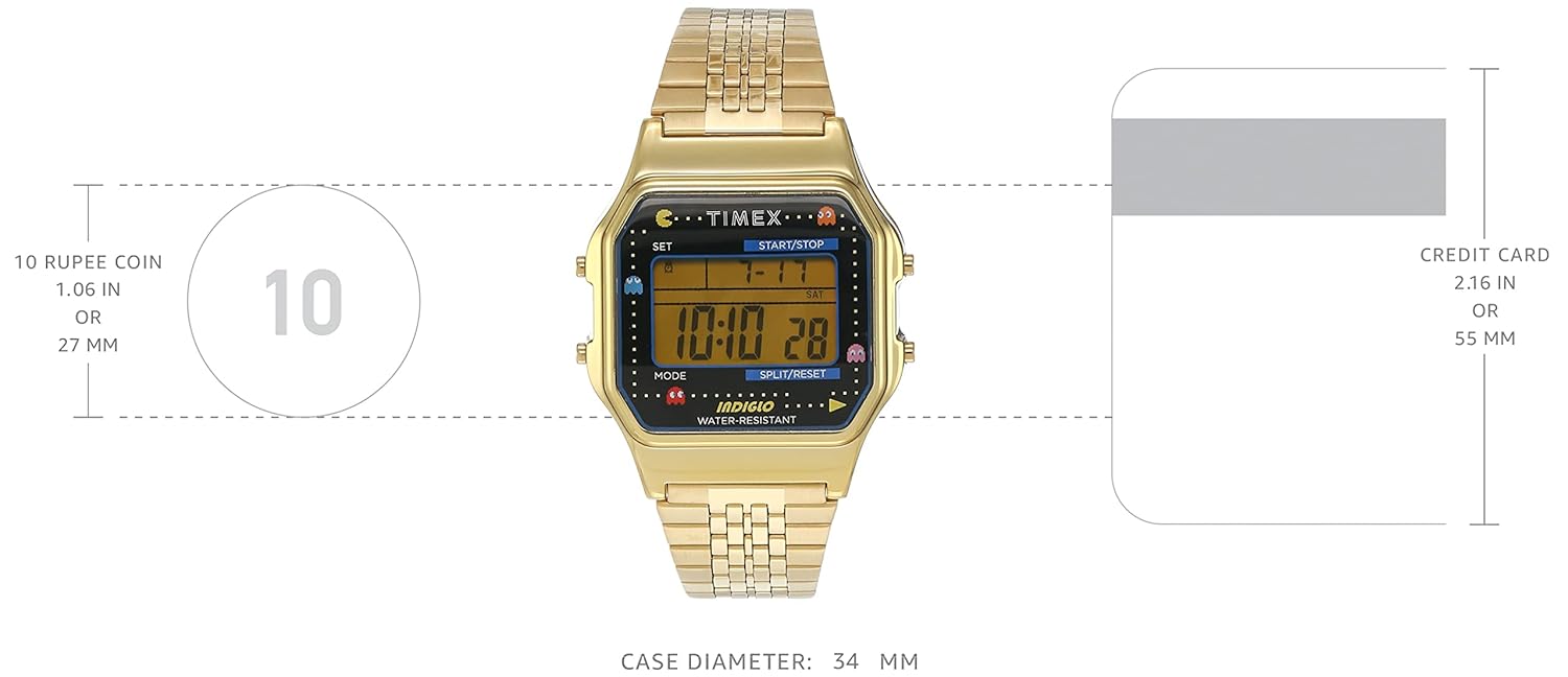 Vinklet view of the TIMEXT80 X Pac-Man Digital Watch on a wrist, demonstrating its fit and appearance when worn.