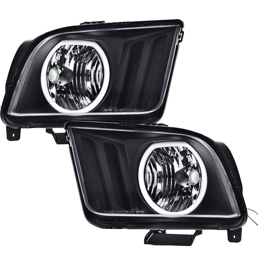 PIT66 LED Headlights Assembly Compatible with 2005 2006 2007 2008 2009 Ford Mustang Headlamp Assembly Driver & Passenger Side Headlamp Clear Lens Black Housing, 2Pcs