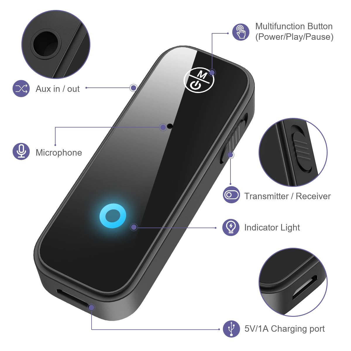 Adaptador Bluetooth auxiliar para coche, receptor transmisor Bluetooth 2 en 1 para llamadas manos libres, cancelación de ruido, receptor AUX Bluetooth 5.0 de 3.5 mm para sistema estéreo