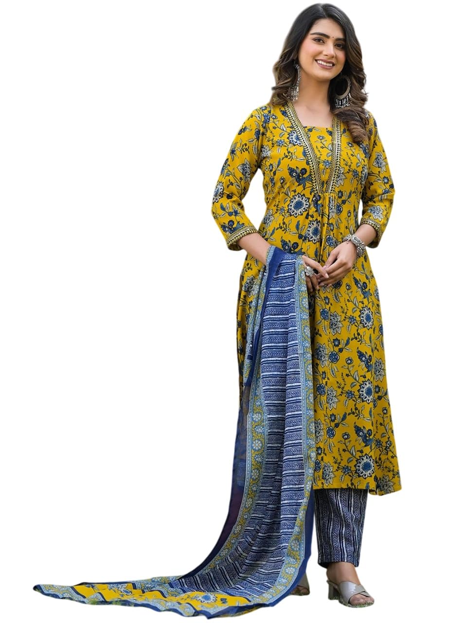 kv fashion Women's Cotton Blend Printed Readymade Kurti Pent and Dupatta Set Yellow Kurta Set 01-New-picture-45
