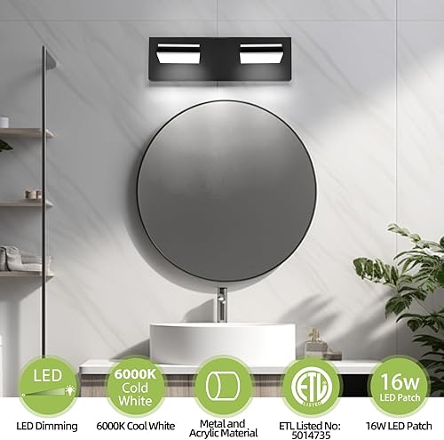 Miniatura 3 de OKELI Lámpara de tocador de baño negra con 2 luces sobre el espejo, moderna, LED, regulable, lámpara de baño, cabezal giratorio de 350, 16 W, 6000