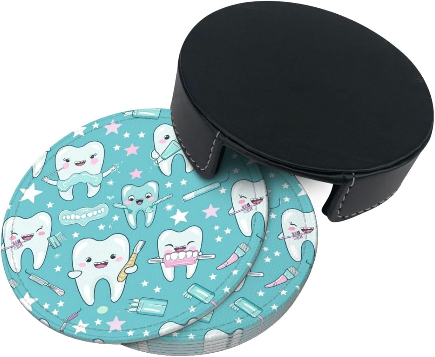 6 Pcs Adorable Cartoon Teeth Leather Coasters for Drinks with Holder Round Mug Mat Table Desk Coasters Set Cup Coasters for Living Room Kitchen Coffee Decor