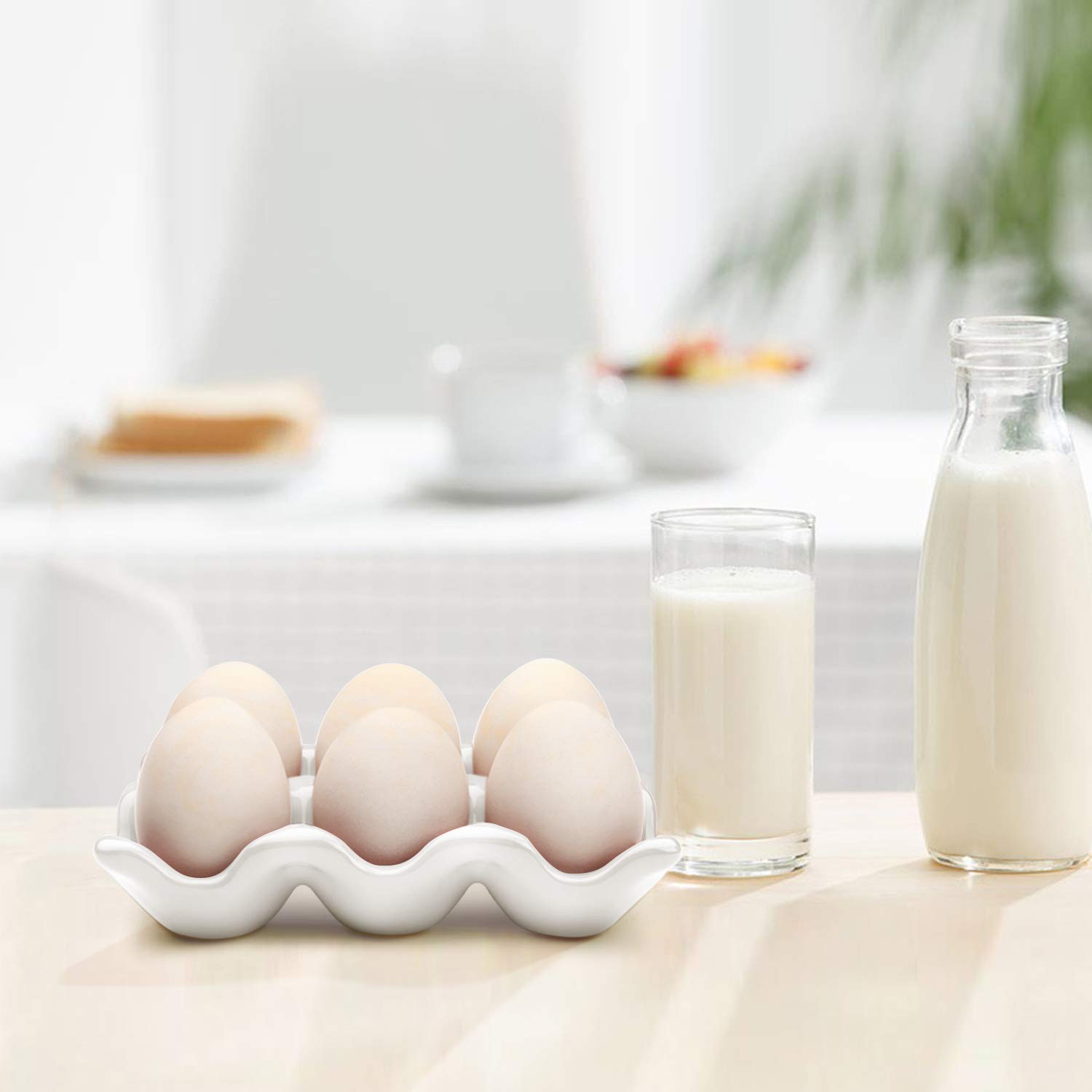 Flexzion Caja de huevos de porcelana, bandeja de cerámica de 6 capacidades, soporte de media docena, plato decorativo blanco y organizador de almacenamiento, paquete de 2