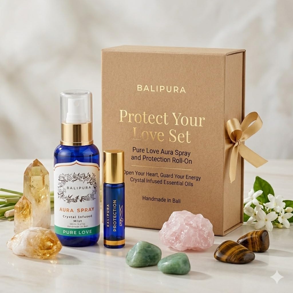 BALIPURA - Protect Your Love Set - Pure Love Aura Spray and Protection Roll-On - Open Your Heart, Guard Your Energy - Crystal Infused Essential Oils - Handmade in Bali