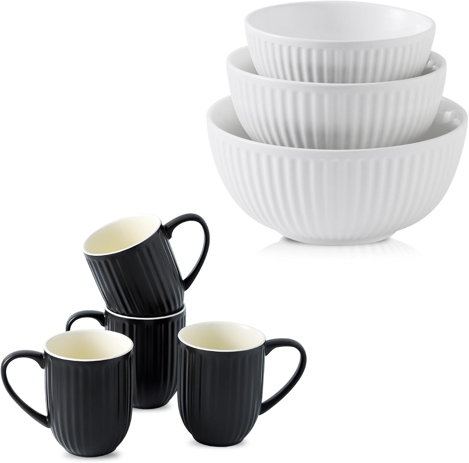 Hasense 1.5/1/0.5 Qt Mixing Bowl Set and 16 Oz Coffee Mugs, 9 Pcs, White & Black
