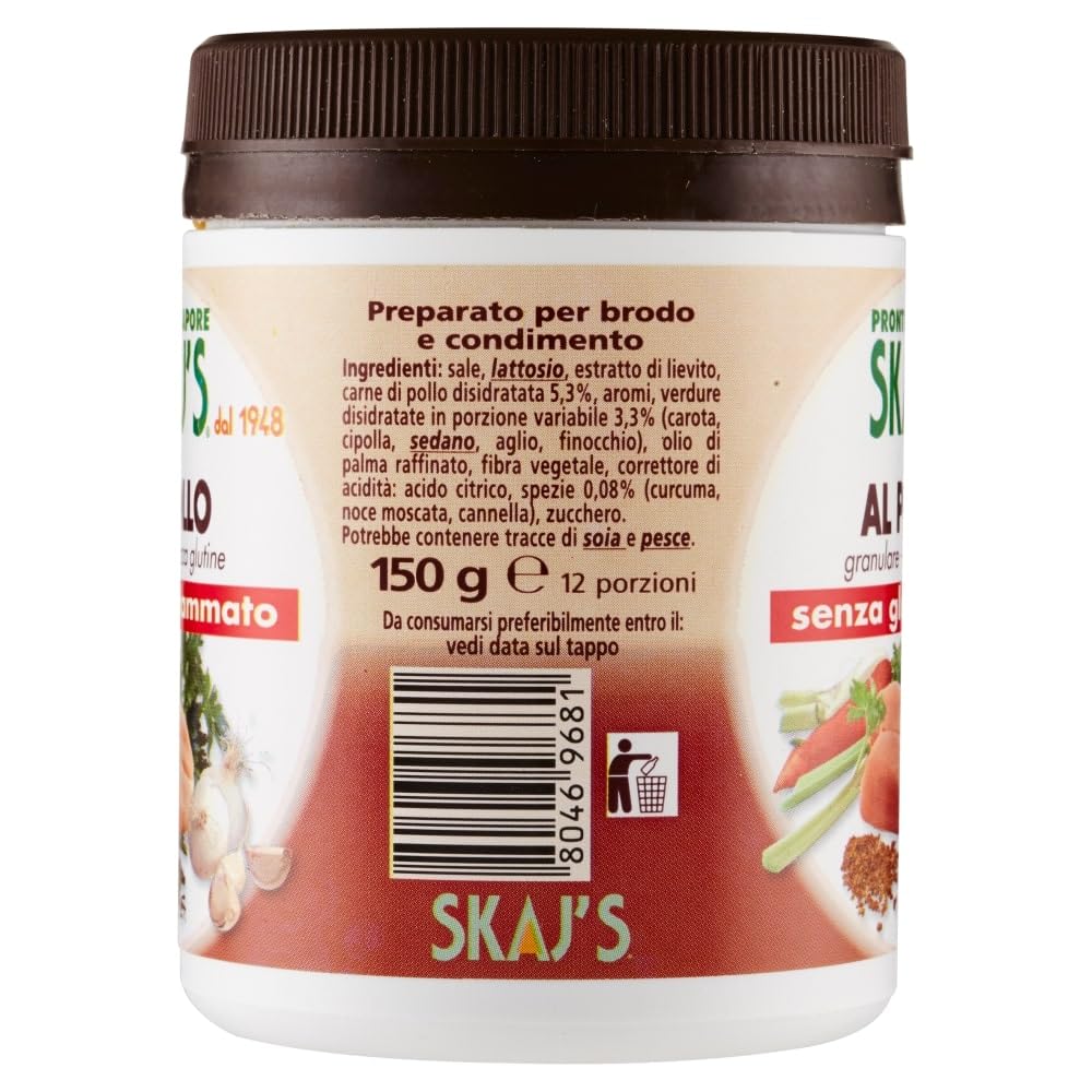 Preparato granulare per brodo e condimento gusto pollo, senza glutine, senza glutammato, senza conservanti, pochi grassi 150 g. 6 Pz