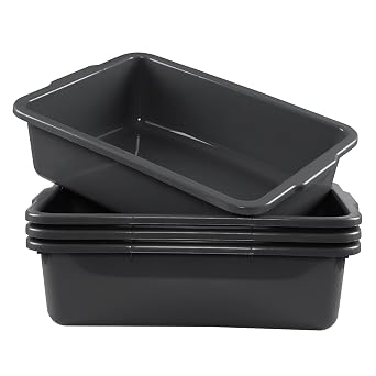 Gloreen 4 Packs Large Commercial Bus Tubs, 35 L Rectangular Dishpan, Plastic Wash Basin, Grey