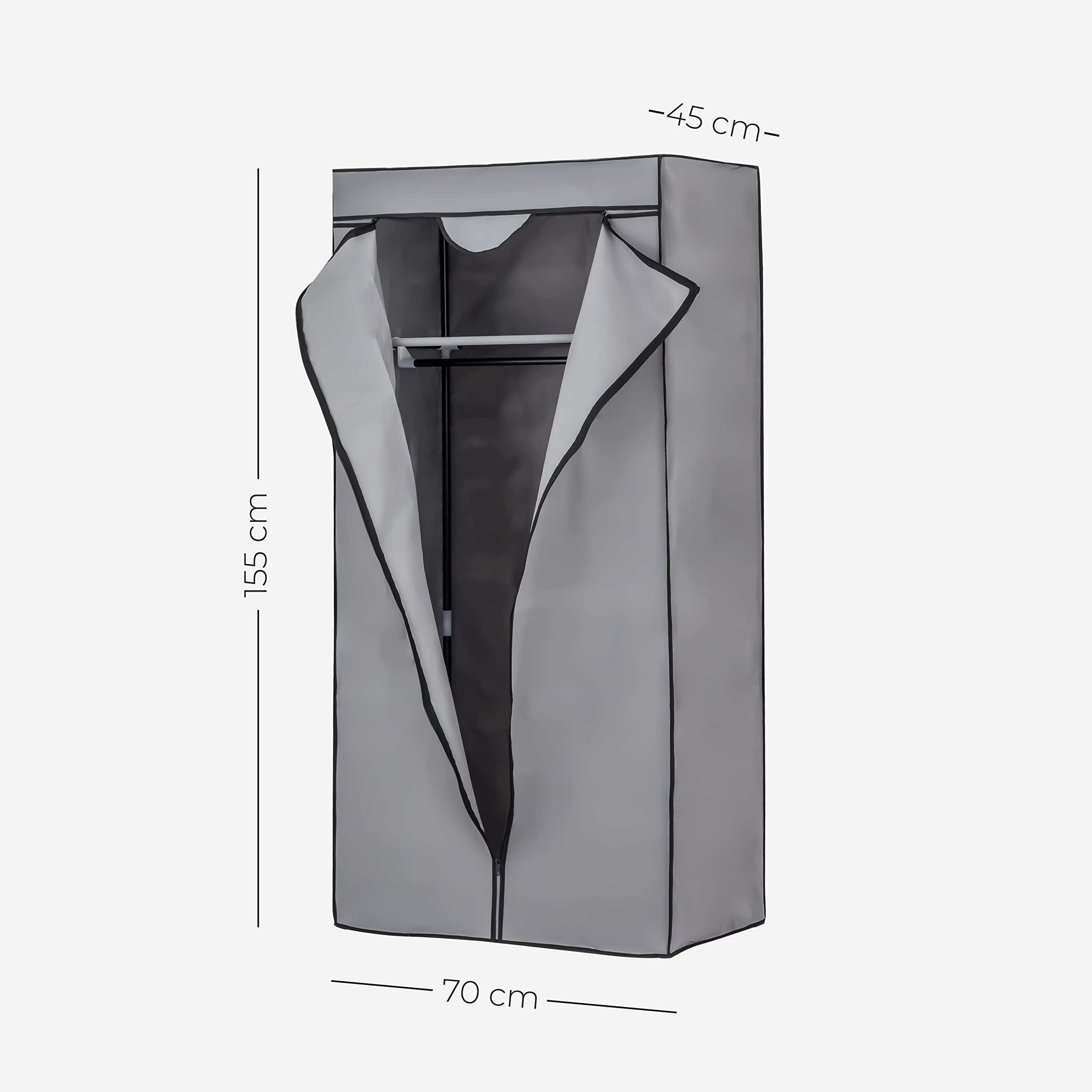 Baroni Home Armadio in Tessuto Richiudibile, Mobile Pieghevole Salvaspazio con Struttura in Ferro per Camera da Letto, Cabina Armadio, Grigio, 1 Ripiano, 1 Barra Appendiabiti, 70x45x155