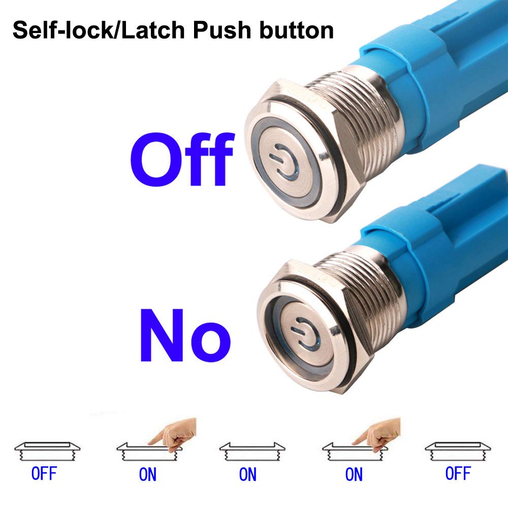 Gebildet 2pcs 0.47"/12mm Stainless Steel Self-locking Latching Push Button Switch 12V-24V 3A Power Symbol LED Normally Open SPST ON Off Waterproof Toggle Switch with Wire Socket Plug (Blue+Red)