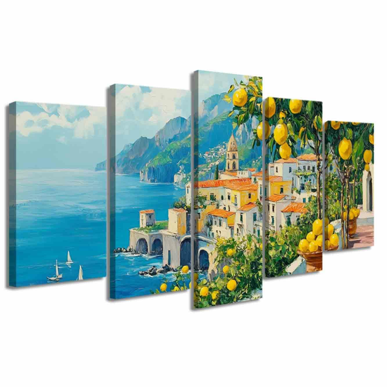 LZIMU 5Pcs Large Italy Canvas Wall Art Summer Yellow Lemon Tree Pictures Blue Italian Coastal Painting Prints Nature Seascape Poster Kitchen Home Decor (White, (60L x 125W cm))