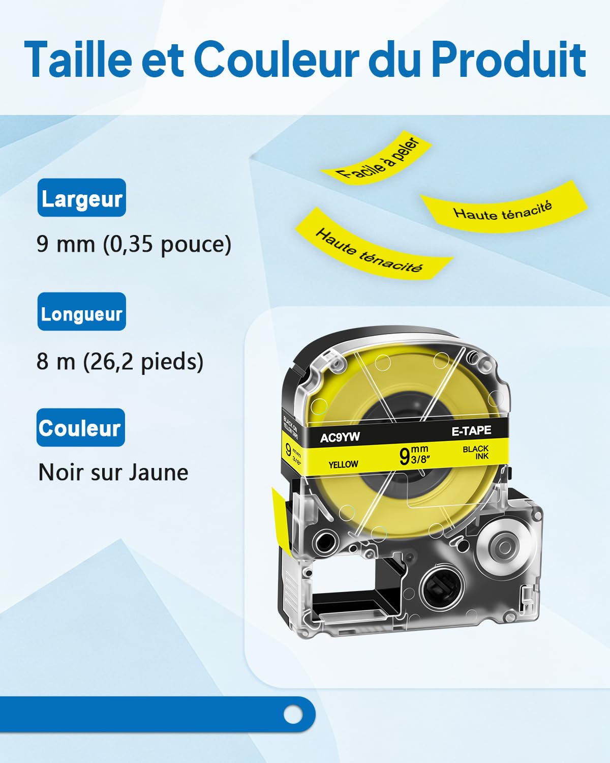 Cruxer Lot de 20 Rubans d'étiquettes de rechange pour SC9YW LK-3YBP AC9YW 9 mm x 8 m laminés Noir sur Jaune compatibles avec Epson LW-1000P LW-700 LW-300L LW-300 LW-400 LW-500 LW-600P LW-900P