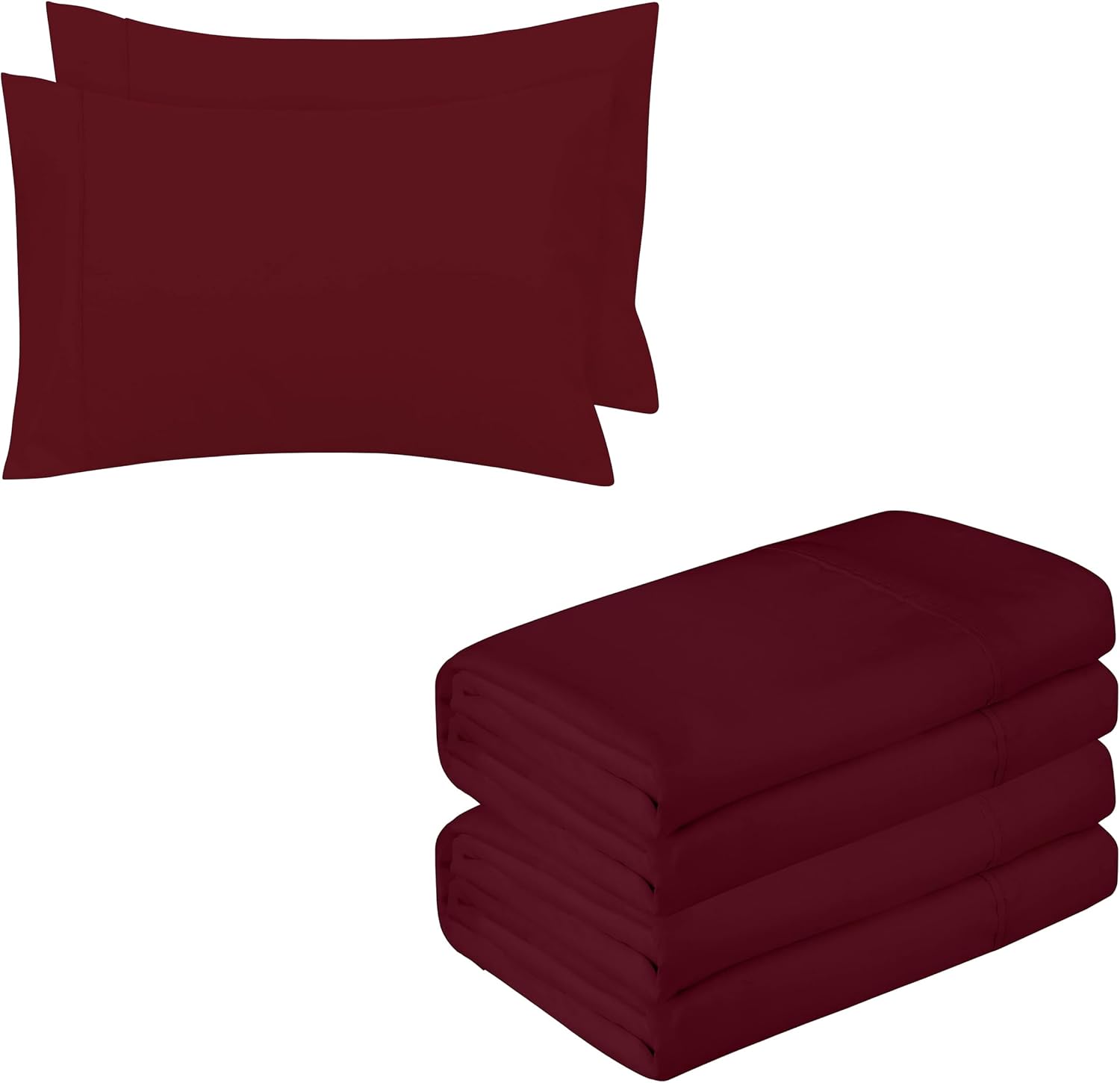 Royale Linens Microfiber Flat Sheets & Pillowcases Bedding Bundle - Includes 2 Full Size Flat Sheets with 4 Inch Z-Hem & 2 Queen Size Pillowcases - Ultra Soft & Breathable - Burgundy
