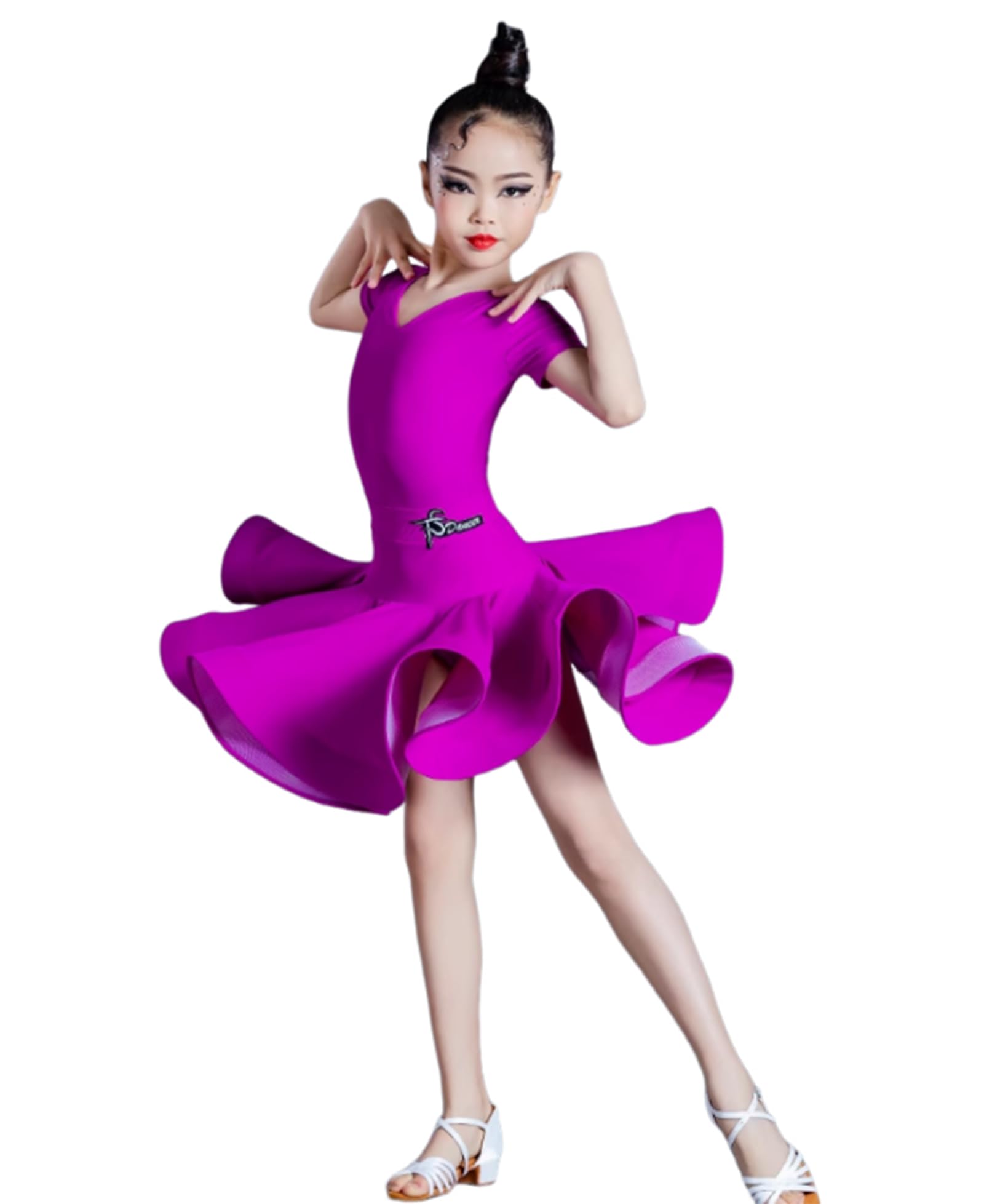 OTMYIGO Vestido latino de manga larga para niñas, vestido de leotardo de salón de baile, vestido de baile latino, vestido de bailarina, competición de baile