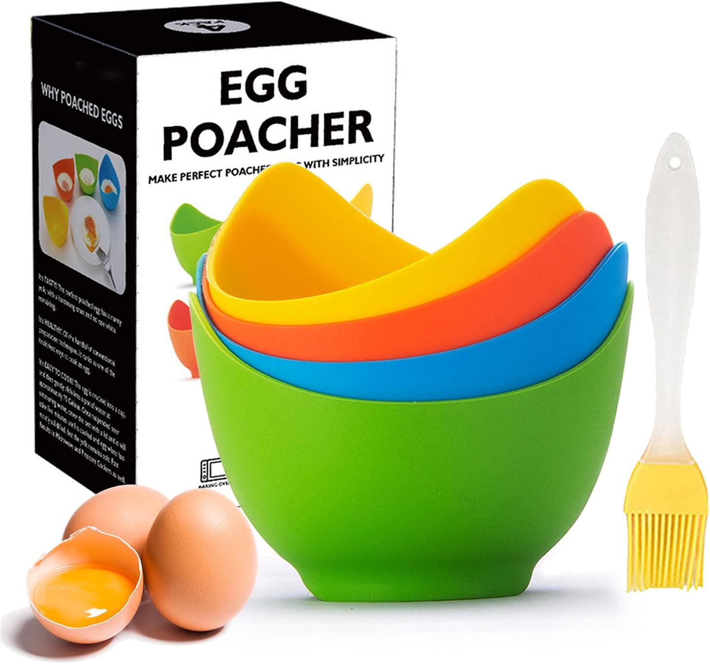 Egg Poacher - Poached Egg Maker, Poached Egg Cooker with Ring Standers, Silicone Egg Poacher Cup for Microwave or Stovetop Egg Poaching, with Extra Silicone Oil Brush, BPA Free, 4 Pack