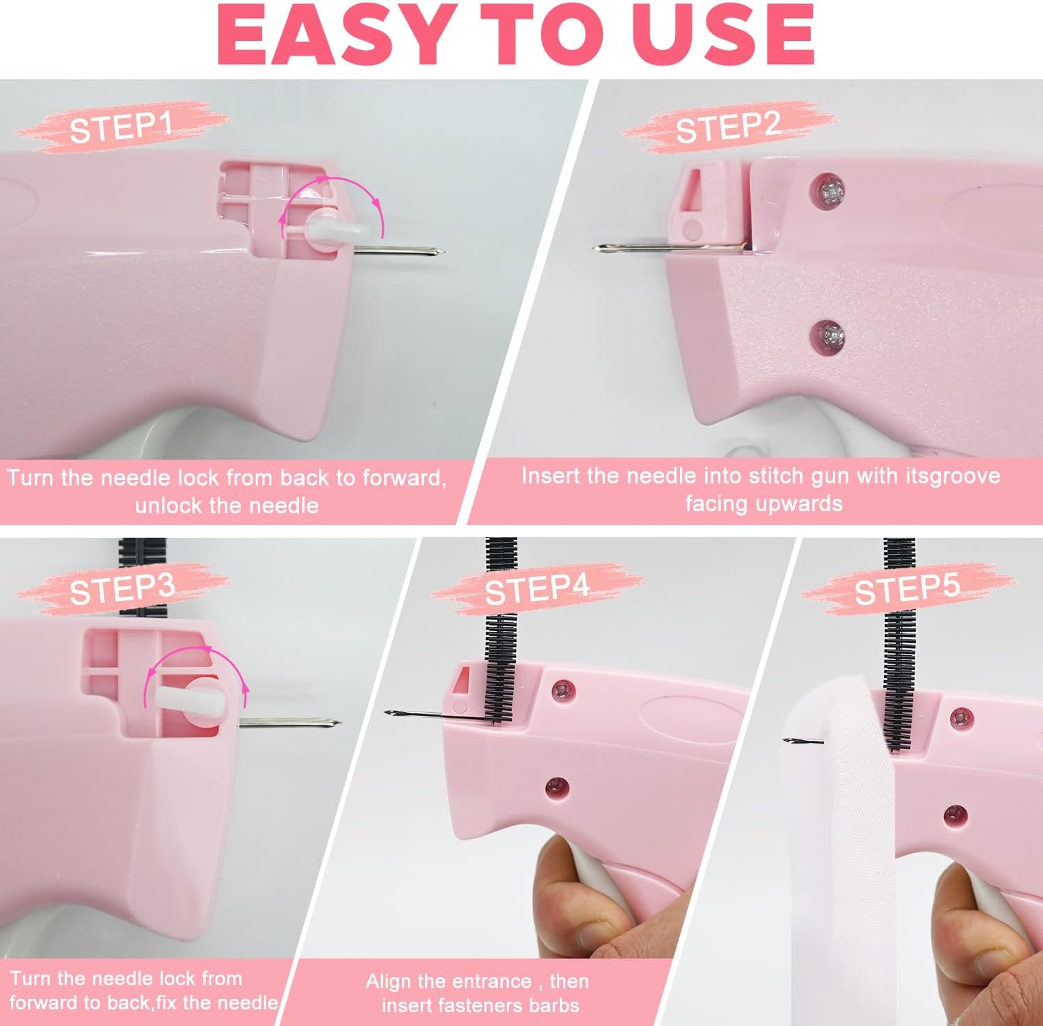 Stitch Gun for Clothes, Handheld Stitch Gun Quick Clothing Fixer, Sewing Kit Includes 6 Needle, 2000 White + 2000 Black Fasteners, Pink, Garment Repair Tool - Image 5