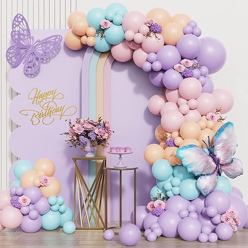 Kit de arco de guirnalda de globos de mariposa, 149 globos rosas y morados con alas de hadas moradas, globo de aluminio de mariposa y calcomanías de