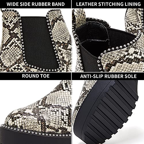 Tinstree Women's Platform Chunky Ankle Boots Round Toe Low Heel Slip On Chelsea Boots Khaki Snake Print,10 #TOP4