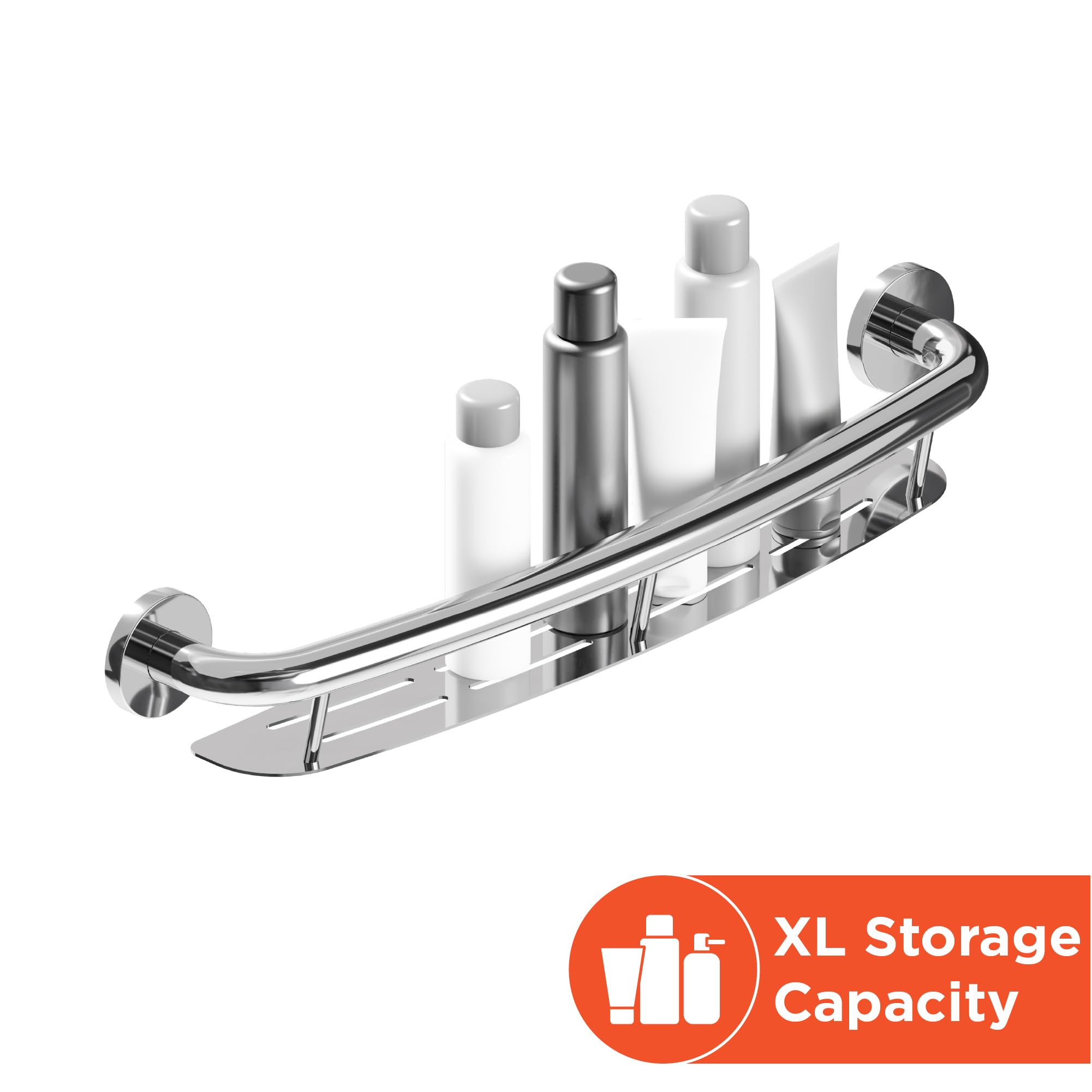 HEALTHCRAFT Plus - Estante para champú y barra de agarre de 24 pulgadas, seguridad ADA - cromo pulido | Estante de champú integrado, tornillos ocultos, no necesita estante separado