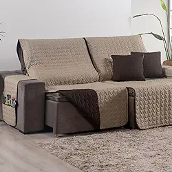 Capa para Sofá Retrátil 3 Lugares 1,80m 400 Fios + 2 Capas de Almofada | Protetor de Sofá Reclinavel com Bolso Lateral (Cáqui/Marrom)