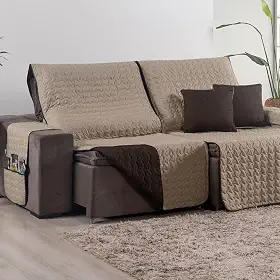 Capa para Sofá Retrátil 3 Lugares 1,80m 400 Fios + 2 Capas de Almofada | Protetor de Sofá Reclinavel com Bolso Lateral (Cáqui/Marrom)