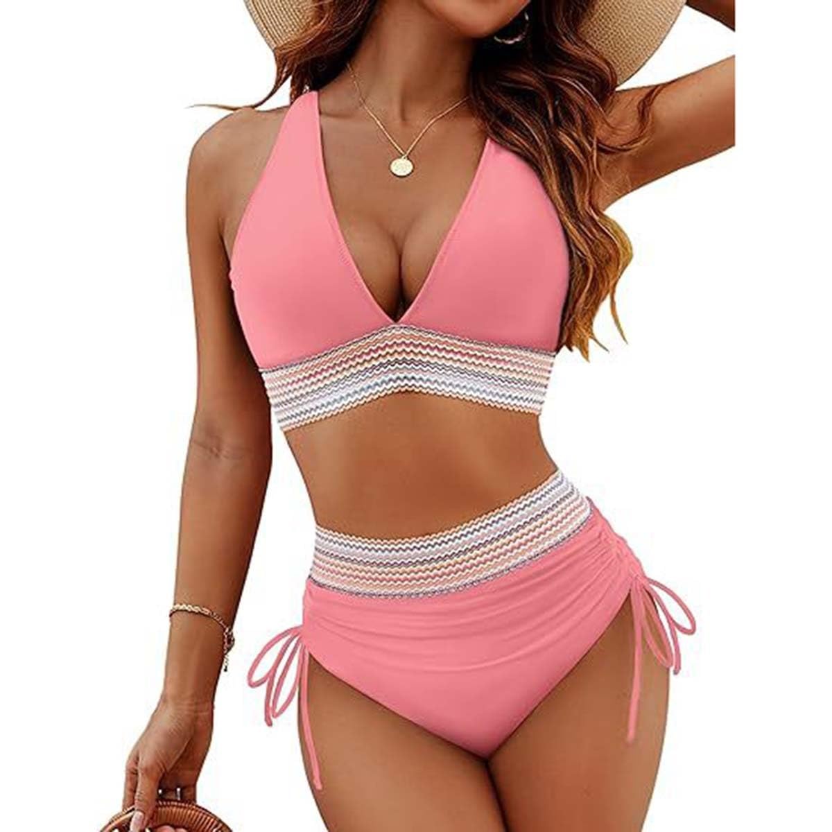Damski zestaw bikini z wysokim stanem, dwuczęściowy strój kąpielowy ze stretchem i dołem retro, plisowana wyściełana góra, kontrola brzucha, regulowane paski na ramię (różowy B, S)