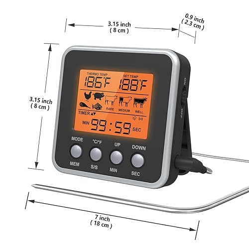 Vista 7 de Termómetro digital de carne para horno, termómetro de alimentos con pantalla LCD grande, luz de fondo, temporizador de cocina, alarma