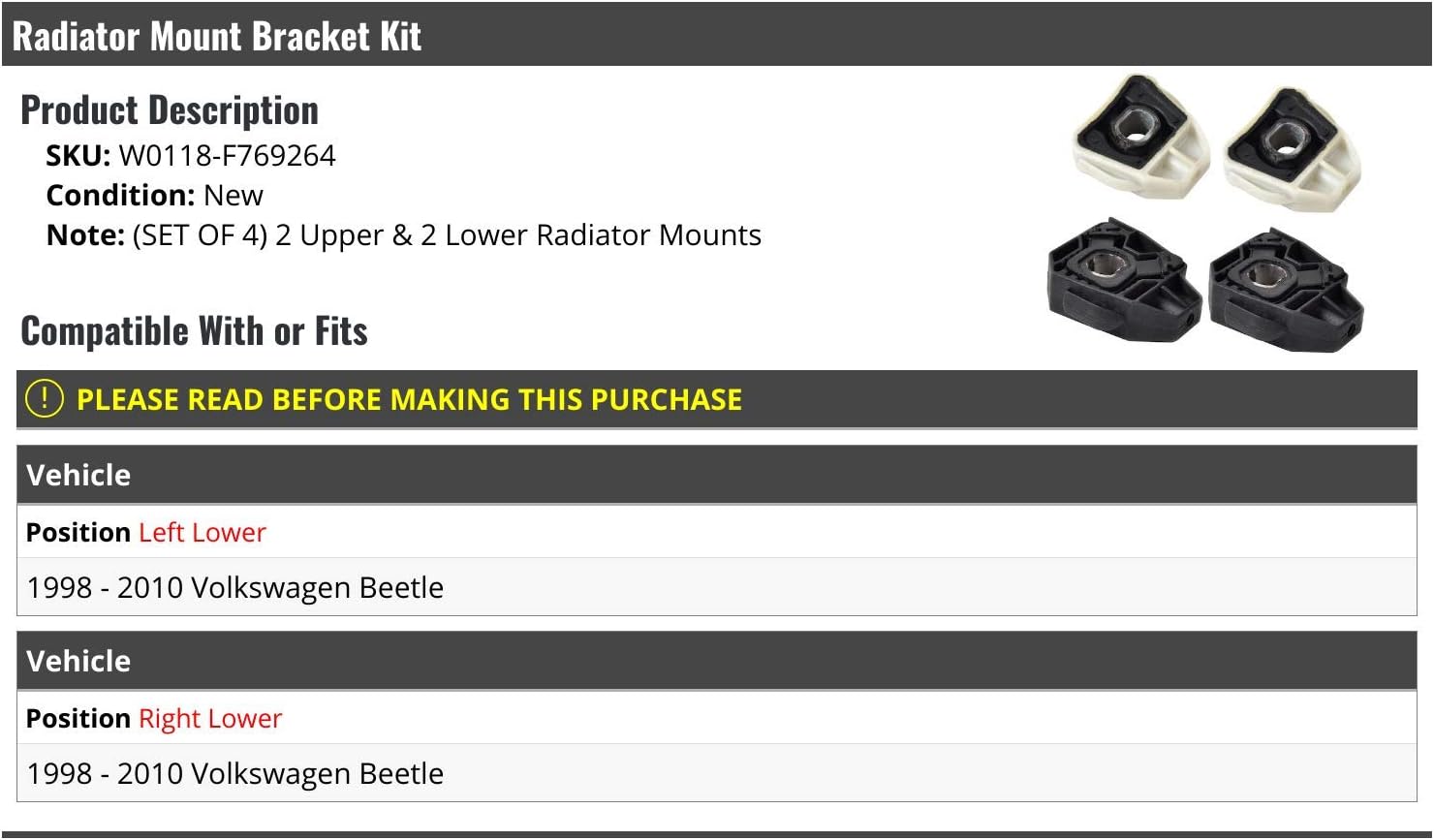 Marketplace Auto Parts Automotive Radiator Mount Brackets - 4 Piece Black Metal Kit - Compatible with 1998-2010 Volkswagen Beetle