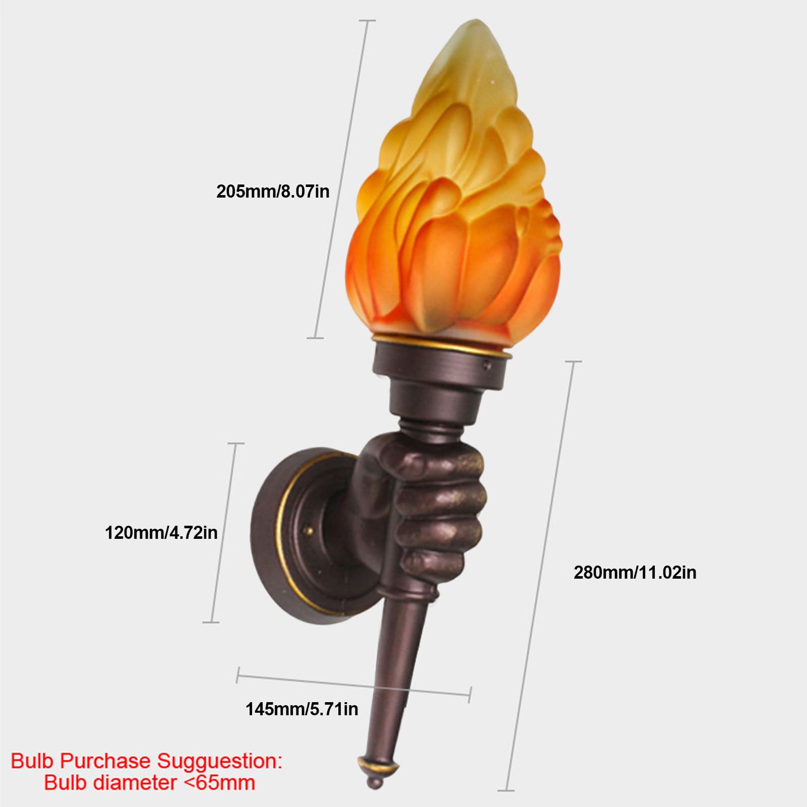 Générique Klassische Wand-Taschenlampe – Kreative Taschenlampe mit Flamme | Lampe mit Glasschirm und Faustform Halterung aus Aluminium in Antikbraun
