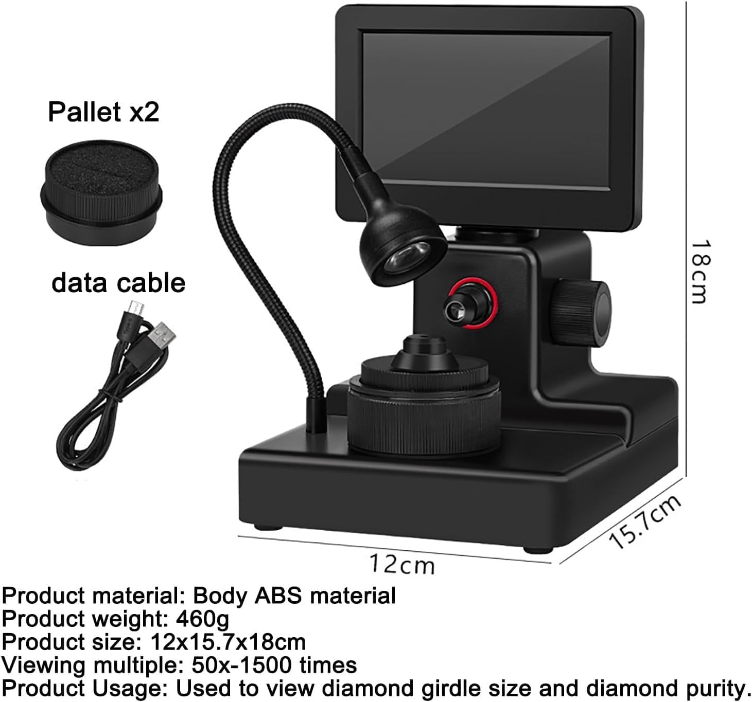 4.3インチ ダイヤモンドガードルビューアー、LEDフィルライト付きLCDダイヤモンドデジタル顕微鏡、50倍〜1000倍の倍率、ジュ