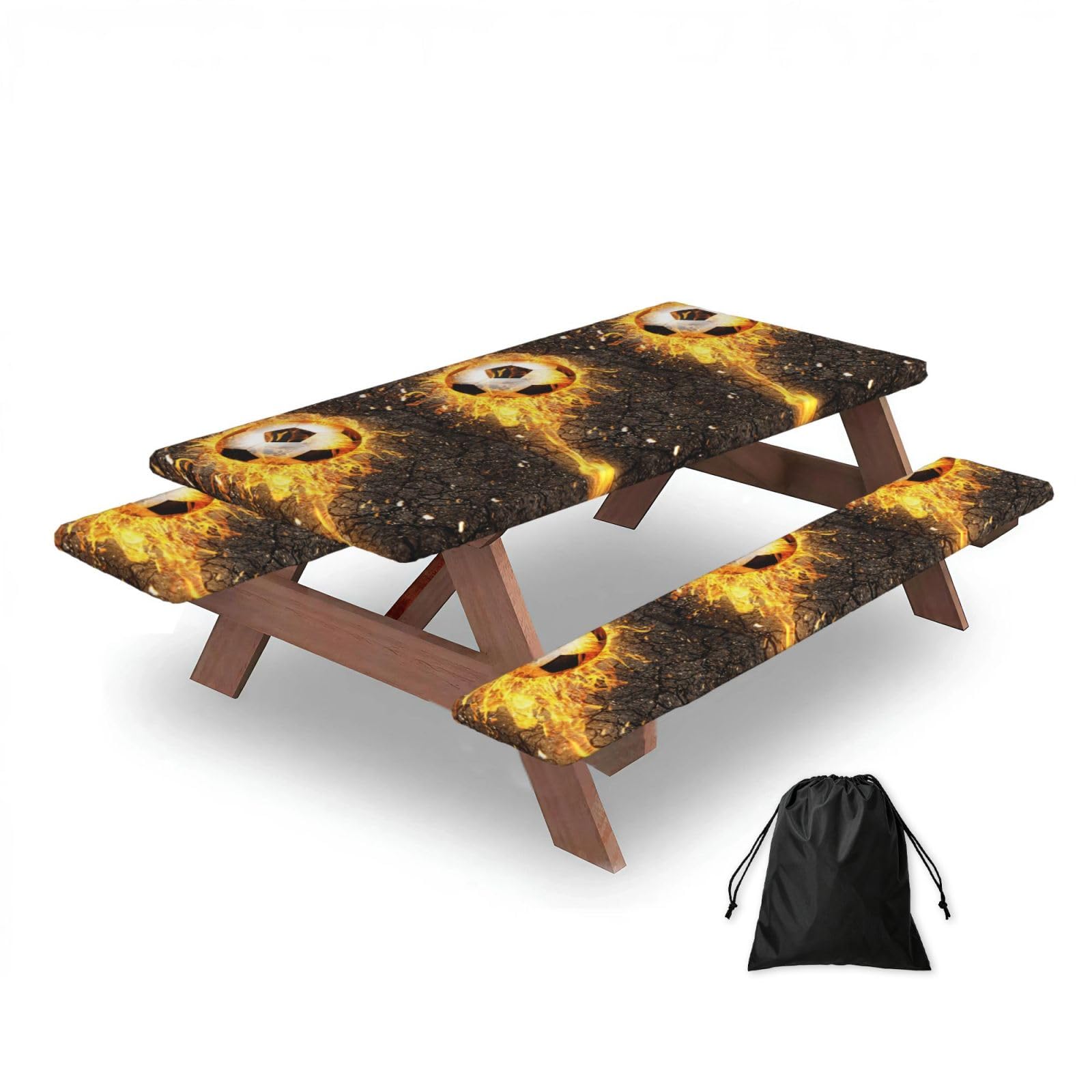 Dopklna As Picture Soccer Ball In Burning Fire Flames, Picnic Table Cover With Bench Covers -Waterproof Elastic Fitted Tablecloth For Garden Camping Patio 76X152cm