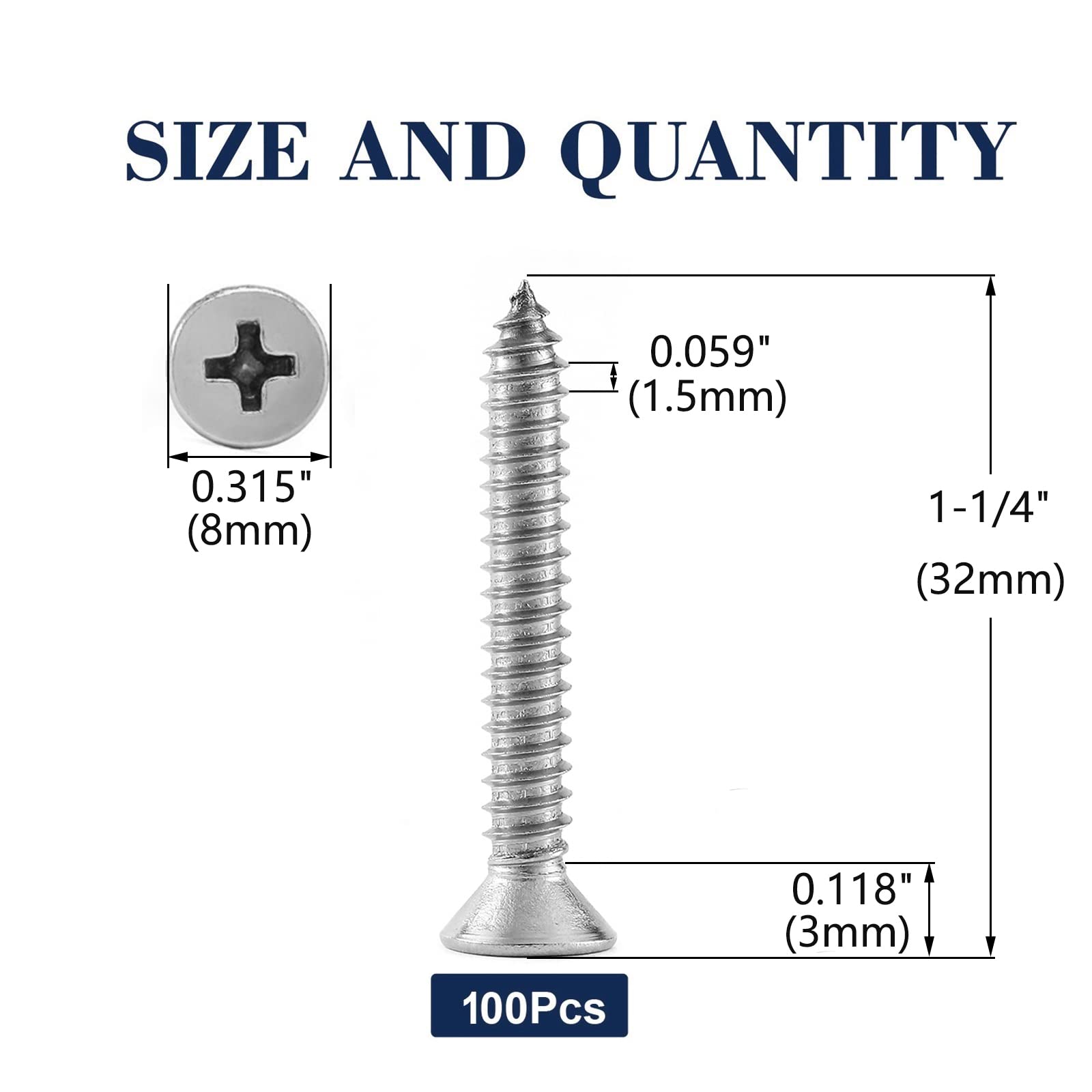 100 Pcs #4 X 1-1/2" Stainless Steel Self-Tapping Sheet Metal Screws - Pan Head Phillips
