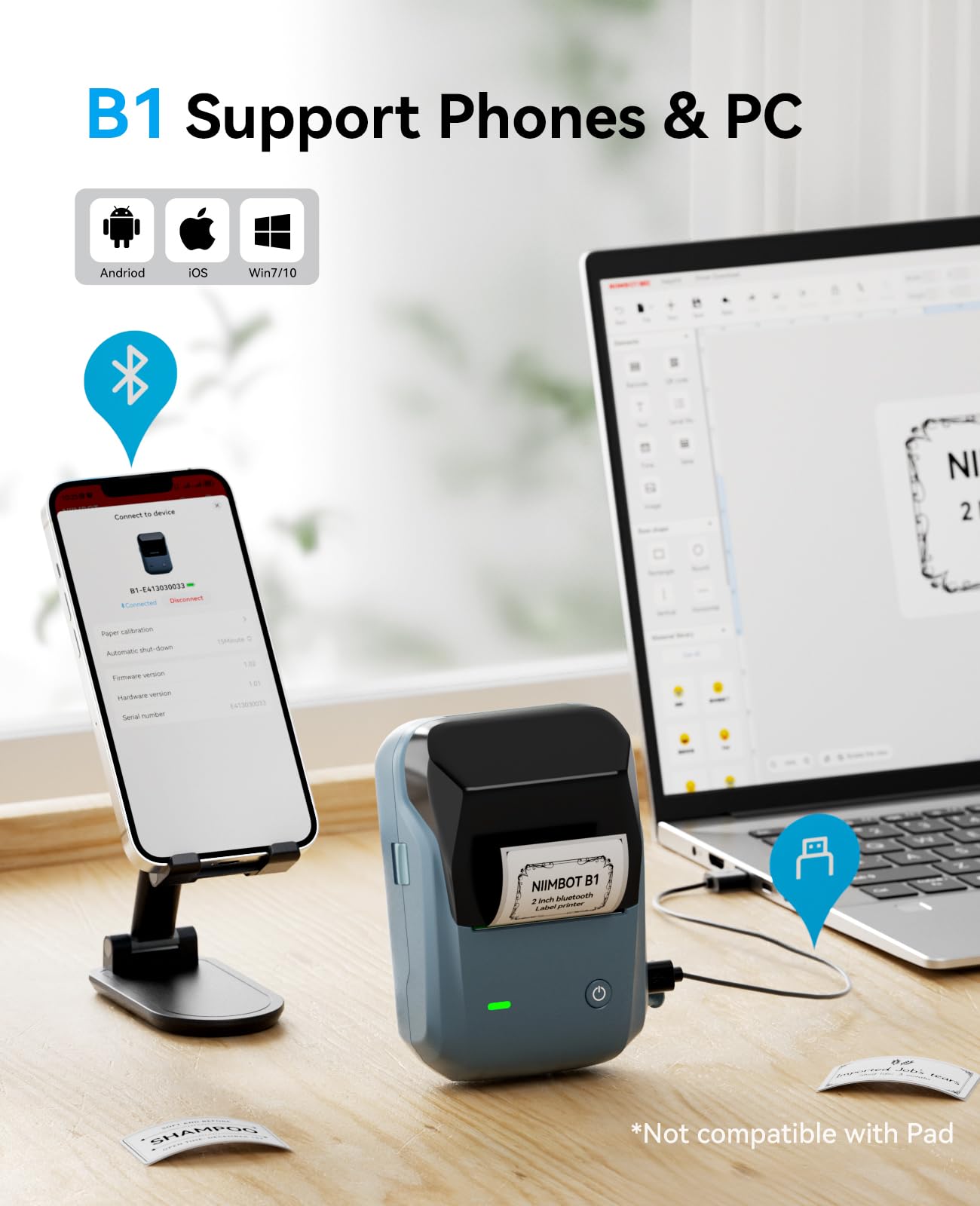 NIIMBOT B1 Stampante portatile per etichette, etichettatrice Bluetooth, etichetta impermeabile di grandi dimensioni, potente APP, stampante di adesivi per spezie, indirizzi, codici a barre, loghi