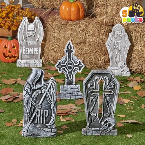 Image of JOYIN 17 inch Halloween Decorations Outdoor Tombstones, 5 Pack Halloween Graveyard Foam Headstones Decor with 12 Metal Stakes for Prop Cemetery Yard Lawn Decorations, Party Supplies
