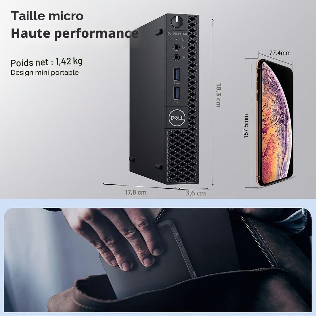 Dell Optiplex 3060 Mini Ordinateur PC Intel Pentium G5500, 8 Go de RAM, 256 Go SSD, Clavier US QWERTY WiFi, Bluetooth, Windows 11 Pro (Reconditionné)